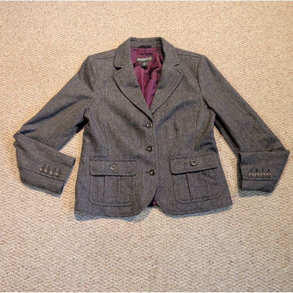 Eddie Bauer Blazer Womens 12 Gray Black Wool Tweed Herringbone 3 Button